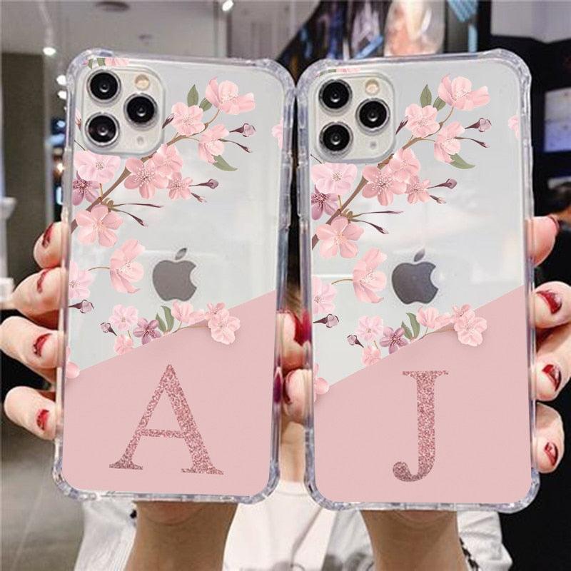 Fashion Initial Letter A Z Fashion Phone Case For iPhone 13 11 Pro Max 12 Pro Max Mini X XR 7 8Plus Luxury Pink Transparent Soft Ultra Slim Anti-Scratch Flower Clear Cover
