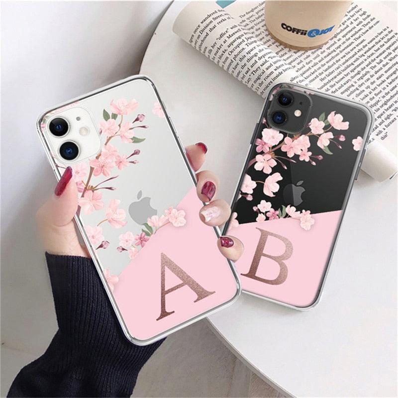 Fashion Initial Letter A Z Fashion Phone Case For iPhone 13 11 Pro Max 12 Pro Max Mini X XR 7 8Plus Luxury Pink Transparent Soft Ultra Slim Anti-Scratch Flower Clear Cover