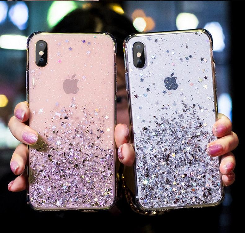 Modern Glitter Phone Case For iPhone 11 12 Pro Max XR XS Max X 7 Soft Silicone Clear Sparkly Star Glitter Design for Women Girls Soft Shockproof Anti-Scratch Protective Cases Transparent Back Cover For iPhone
