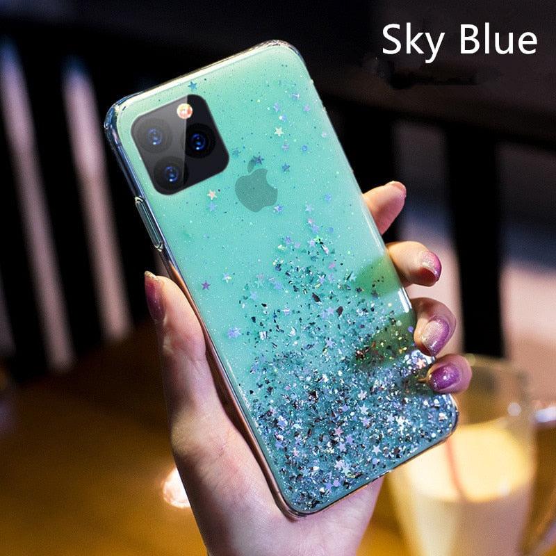Modern Glitter Phone Case For iPhone 11 12 Pro Max XR XS Max X 7 Soft Silicone Clear Sparkly Star Glitter Design for Women Girls Soft Shockproof Anti-Scratch Protective Cases Transparent Back Cover For iPhone