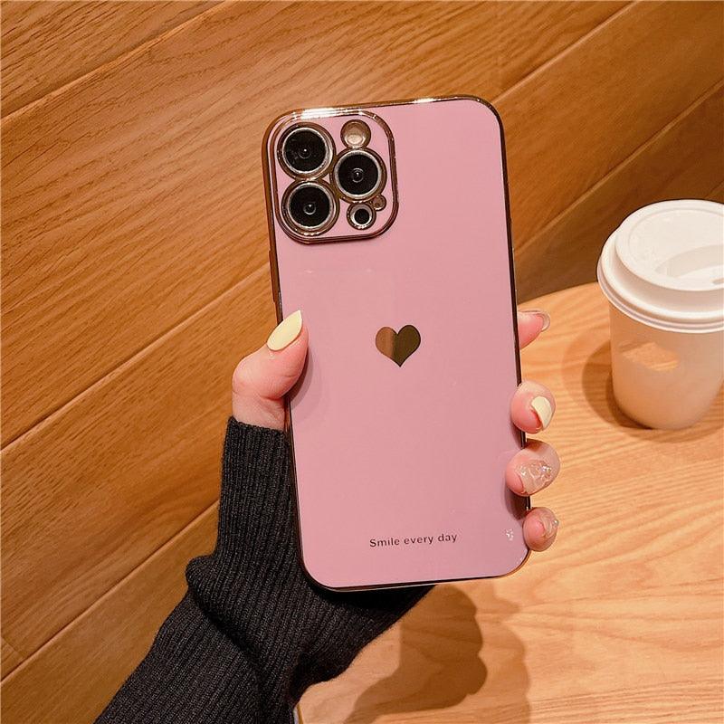 Retro  Love Heart Phone Case For iPhone 12 13 11 Pro Max XR X XS Max 8 Plus 14 Soft Silicone Camera Protective Back Cover Luxury Bling Plating Soft Back Cover Raised Full Camera Protection Bumper Silicone Shockproof Phone Case for iPhone