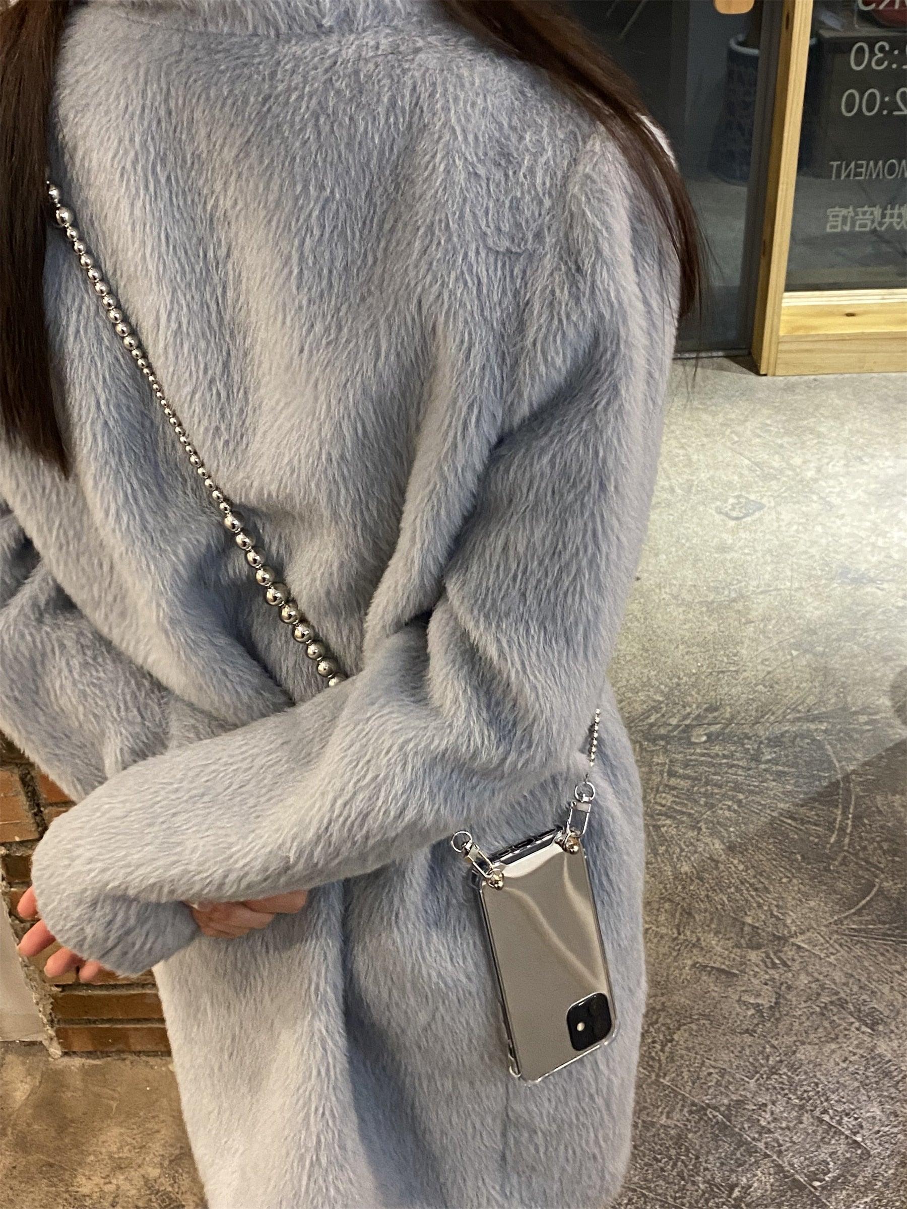 Phone case Necklace Irregular Silver Beads Chain Mirror Case for iPhone 11 12 13 14 Pro Max XR X XS 7 8 Plus Cover Crossbody Case Clear Transparent + Phone Cover with Metal Chain Strap