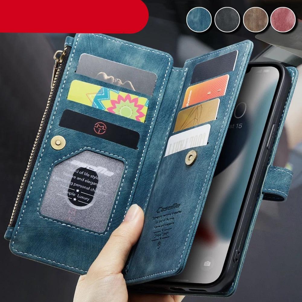 Vintage Card Holder Leather Wallet Case for iPhone 11 12 13 14 Pro Max Mini XR XS Max 8 7 6s Plus SE Storage Pocket Cover Flip Case PU Leather Protective Case With Magnetic Closure