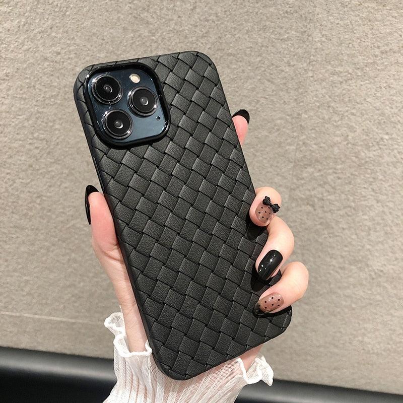 Luxury Breathable Mesh Grid Weave Phone Case For iPhone 14 Pro Max 13 12 11 Purple Leather Soft Silicone Cover Weave Grid Lattice Print Design Soft Silicone Camera Screen Protect Bumper Case for Women
