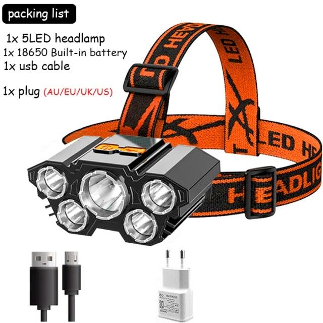 Adjustable USB Rechargeable Torch Lamp Built-in Battery 5 Led Strong Headlight Waterproof Rechargeable Super Bright Head-Mounted Flashlight For Outdoor Night Camping - STEVVEX Lamp - 200, Flashlight, Gadget, Headlamp, Headlight, Headtorch, lamp, Rechargeable Flashlight, Rechargeable Headlamp, Rechargeable Headlight, Rechargeable Torchlight, Waterproof Flashlight, Waterproof Headlamp, Waterproof Headlight, Waterproof Torchlight - Stevvex.com