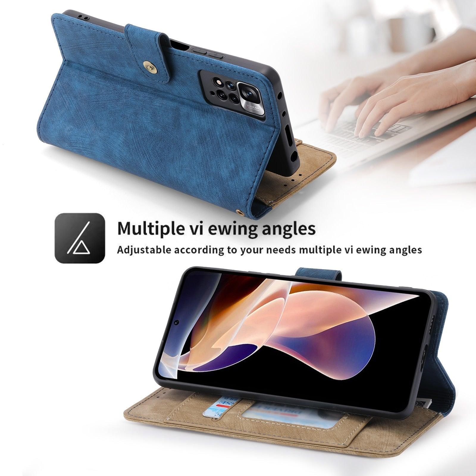 Anti-Theft Brush Leather Case For Redmi Note 11S 10S 9S 11 10 9 8 8T 7 Pro Max 10A 10C 9A 9C 9T 8A 7A Business Flip Wallet Cover Premium Soft PU Leather Flip Folio Wallet with Wrist Strap Card Slot Protective Case for Xiaomi