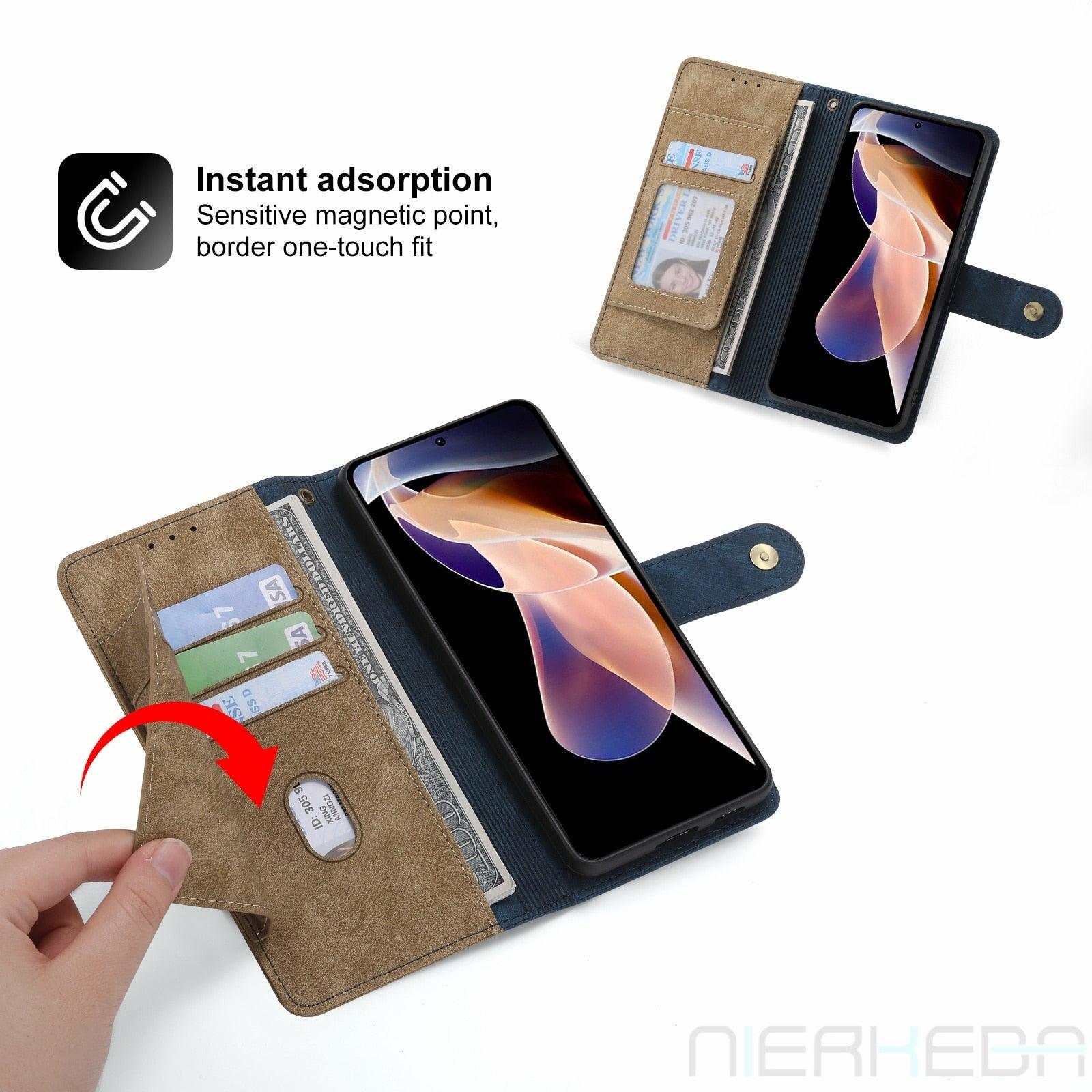 Anti-Theft Brush Leather Case For Redmi Note 11S 10S 9S 11 10 9 8 8T 7 Pro Max 10A 10C 9A 9C 9T 8A 7A Business Flip Wallet Cover Premium Soft PU Leather Flip Folio Wallet with Wrist Strap Card Slot Protective Case for Xiaomi