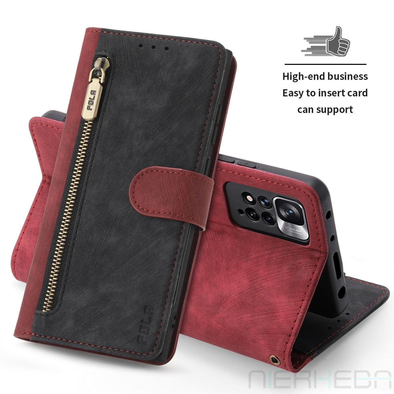 Anti-Theft Brush Leather Case For Redmi Note 11S 10S 9S 11 10 9 8 8T 7 Pro Max 10A 10C 9A 9C 9T 8A 7A Business Flip Wallet Cover Premium Soft PU Leather Flip Folio Wallet with Wrist Strap Card Slot Protective Case for Xiaomi