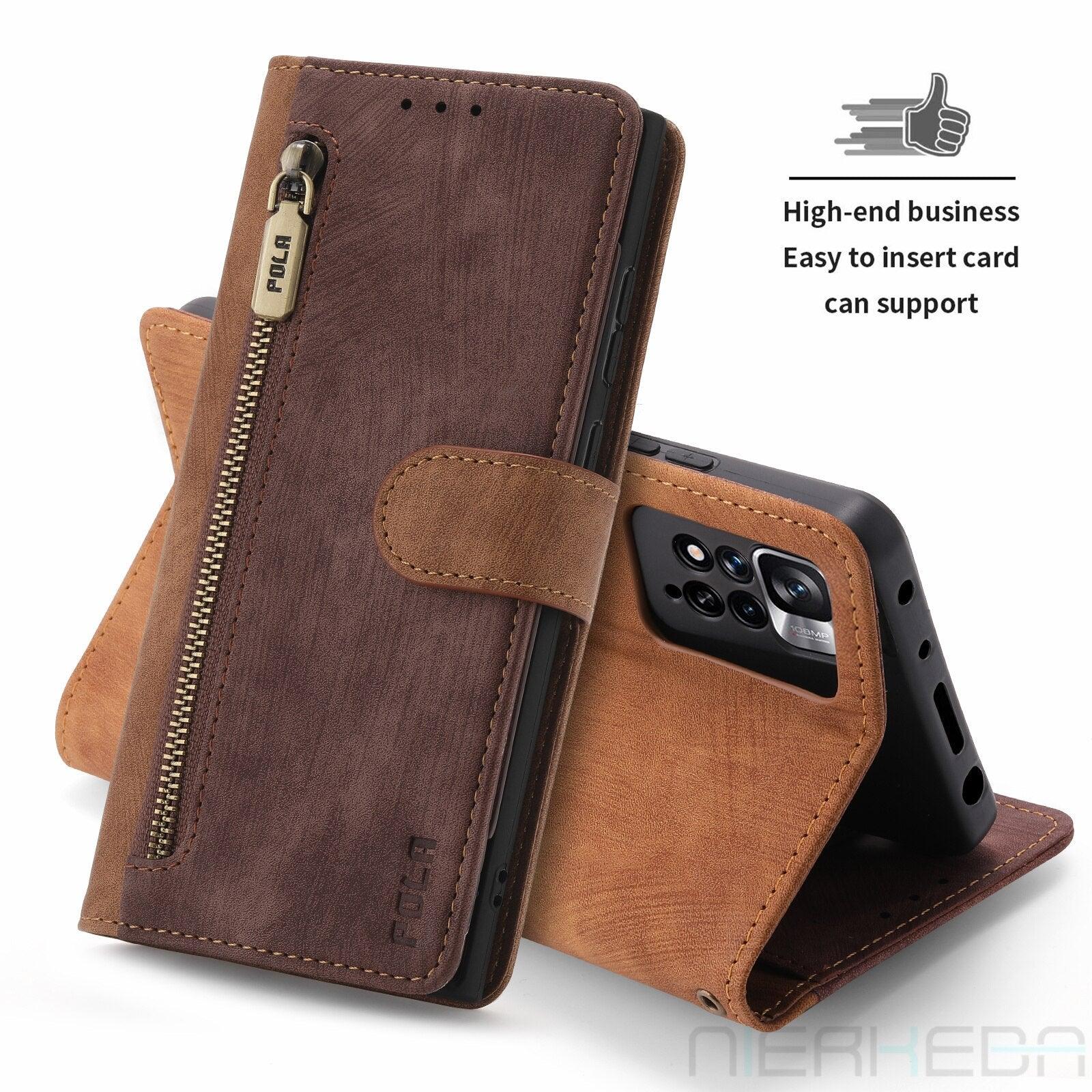 Anti-Theft Brush Leather Case For Redmi Note 11S 10S 9S 11 10 9 8 8T 7 Pro Max 10A 10C 9A 9C 9T 8A 7A Business Flip Wallet Cover Premium Soft PU Leather Flip Folio Wallet with Wrist Strap Card Slot Protective Case for Xiaomi