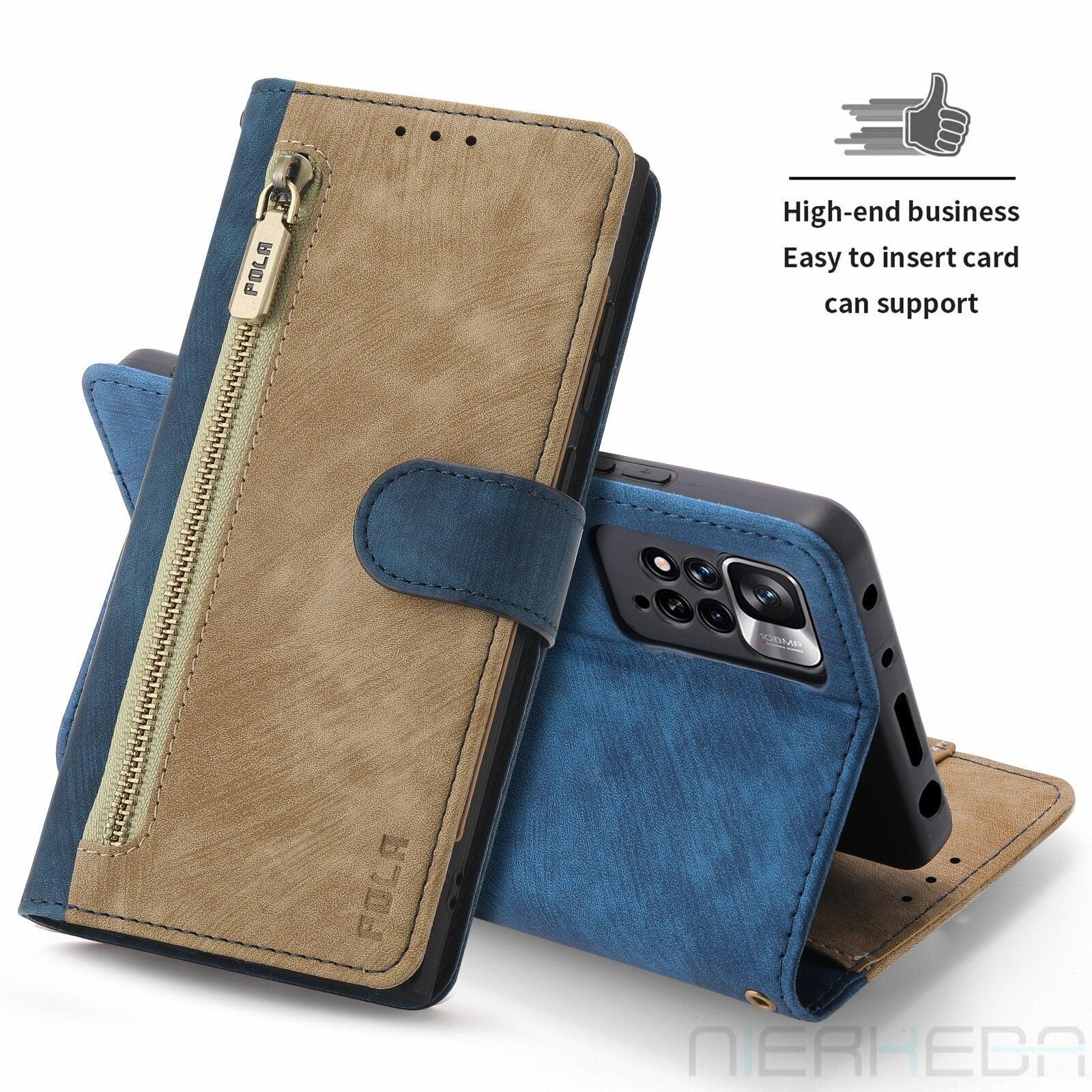 Anti-Theft Brush Leather Case For Redmi Note 11S 10S 9S 11 10 9 8 8T 7 Pro Max 10A 10C 9A 9C 9T 8A 7A Business Flip Wallet Cover Premium Soft PU Leather Flip Folio Wallet with Wrist Strap Card Slot Protective Case for Xiaomi