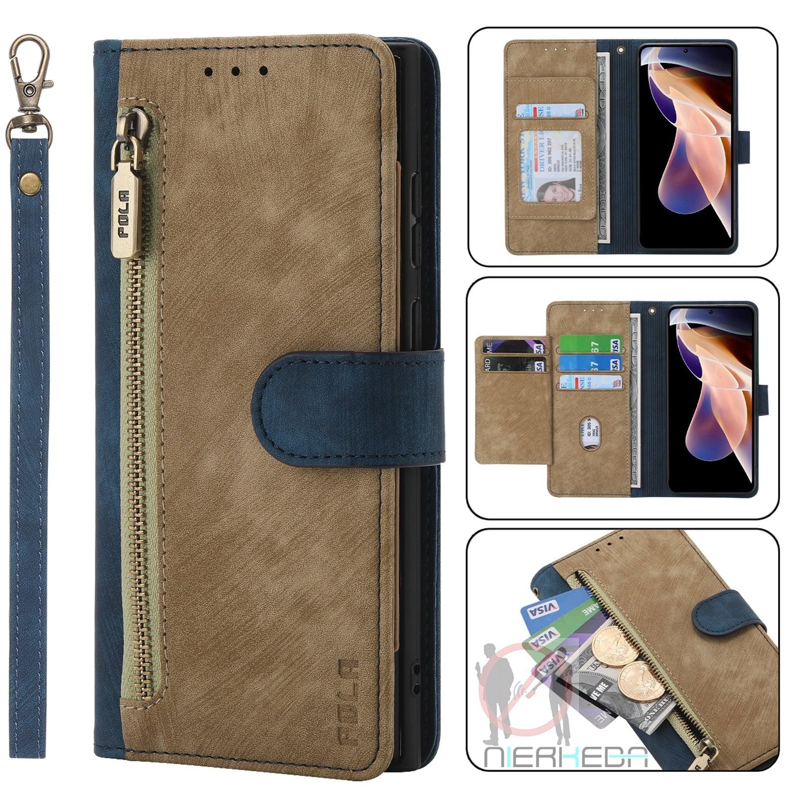 Anti-Theft Brush Leather Case For Redmi Note 11S 10S 9S 11 10 9 8 8T 7 Pro Max 10A 10C 9A 9C 9T 8A 7A Business Flip Wallet Cover Premium Soft PU Leather Flip Folio Wallet with Wrist Strap Card Slot Protective Case for Xiaomi