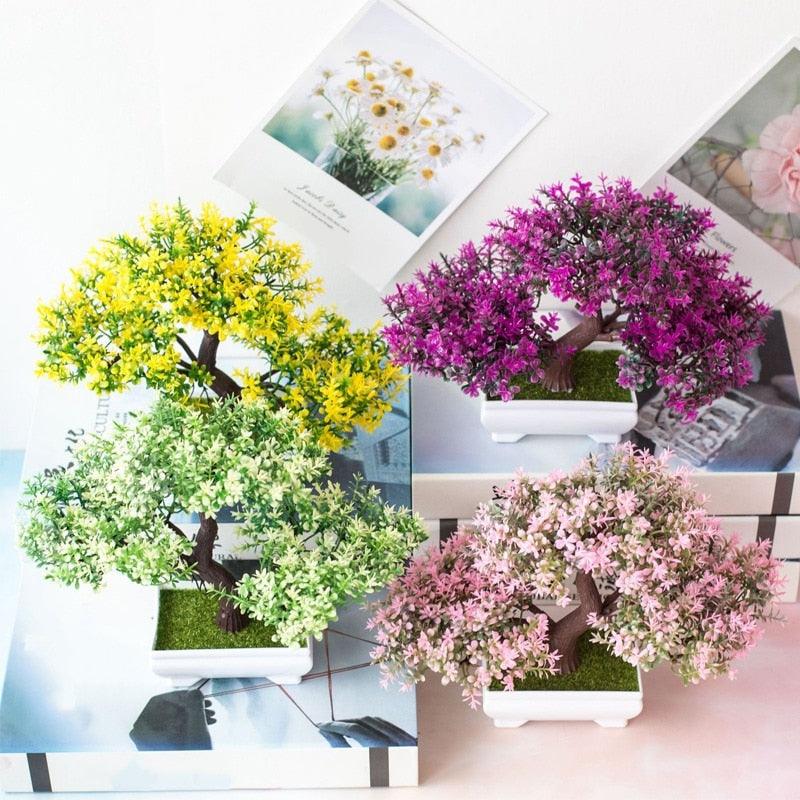 Artificial Small Tree Pot Fake Flowers Bonsai Potted Ornaments For Home Decoration Hotel Garden Decor Artificial Bonsai Tree Fake Greenery for Home Office Desk Wall Book Shelf Decor Room Decor