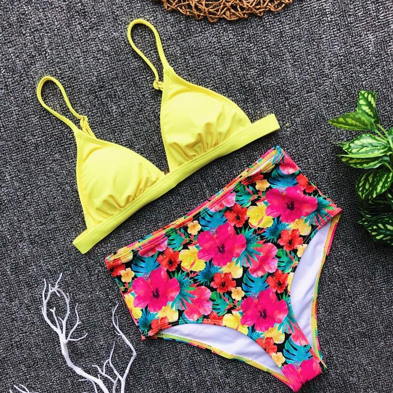 Beautiful Multicolored Women High Waist Bikini Swimwear Women Halter Push Up Bikini Set Swimsuit Women's Flower Print Bikini High Waist Beach Swimsuits Sporty Two Piece Bathing Suit Female Beach Wear Bathing Suit