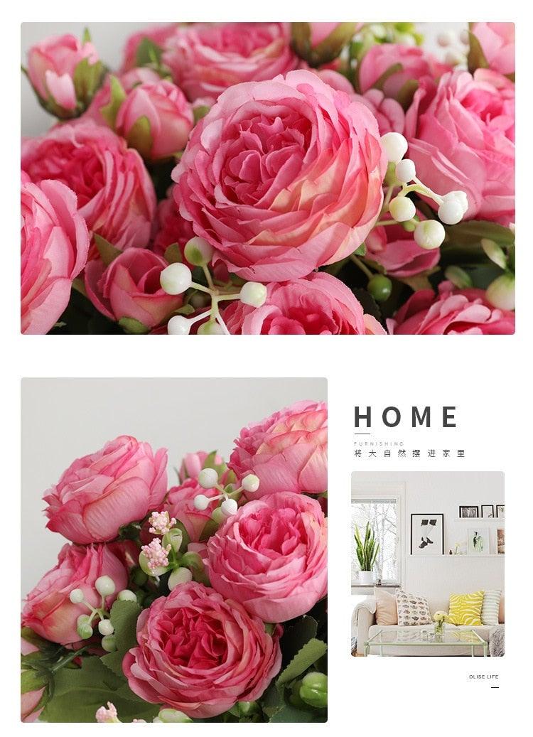 Beautiful Rose Peony Artificial Silk Eucalyptus Fake Flowers Small bouquet Flores Home Party Spring Wedding Decoration Artificial Silk Rose Flower Bouquet Lifelike Fake Rose for Wedding Home Party Decoration Event Gift