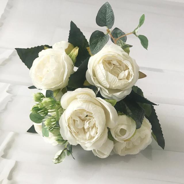 Beautiful Rose Peony Artificial Silk Eucalyptus Fake Flowers Small bouquet Flores Home Party Spring Wedding Decoration Artificial Silk Rose Flower Bouquet Lifelike Fake Rose for Wedding Home Party Decoration Event Gift