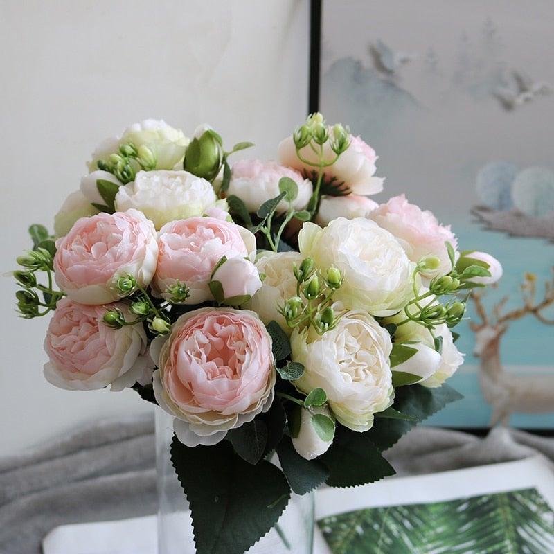 Beautiful Rose Peony Artificial Silk Eucalyptus Fake Flowers Small bouquet Flores Home Party Spring Wedding Decoration Artificial Silk Rose Flower Bouquet Lifelike Fake Rose for Wedding Home Party Decoration Event Gift