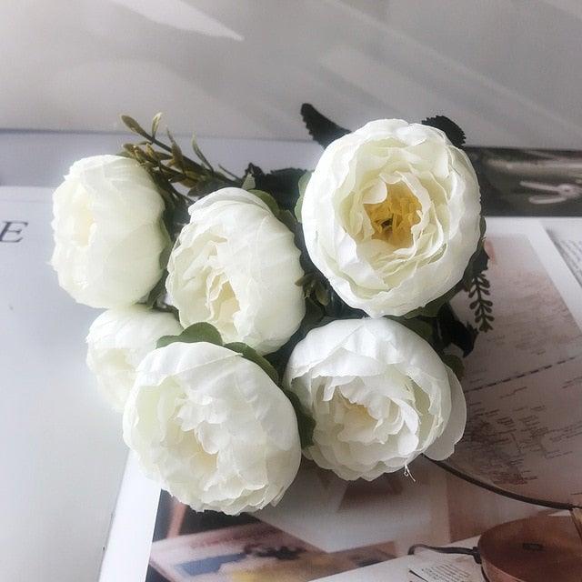 Beautiful Rose Peony Artificial Silk Eucalyptus Fake Flowers Small bouquet Flores Home Party Spring Wedding Decoration Artificial Silk Rose Flower Bouquet Lifelike Fake Rose for Wedding Home Party Decoration Event Gift