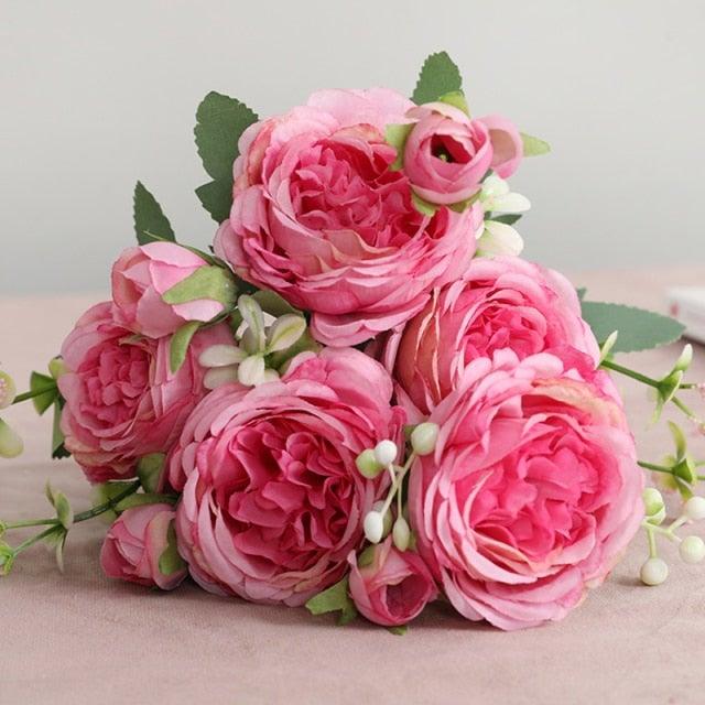 Beautiful Rose Peony Artificial Silk Eucalyptus Fake Flowers Small bouquet Flores Home Party Spring Wedding Decoration Artificial Silk Rose Flower Bouquet Lifelike Fake Rose for Wedding Home Party Decoration Event Gift