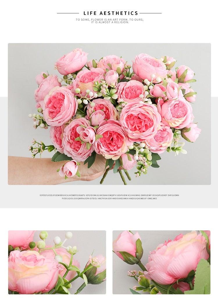 Beautiful Rose Peony Artificial Silk Eucalyptus Fake Flowers Small bouquet Flores Home Party Spring Wedding Decoration Artificial Silk Rose Flower Bouquet Lifelike Fake Rose for Wedding Home Party Decoration Event Gift