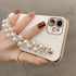 Beautiful White Pearl Chain Gold Color Plating Straight Edge Phone Case for iPhone 13 11 12 Pro Max Case for iPhone X XS MAX XR 7 8 Plus Phone Case Plating Pearl Chain Wrist Bracelet Cover