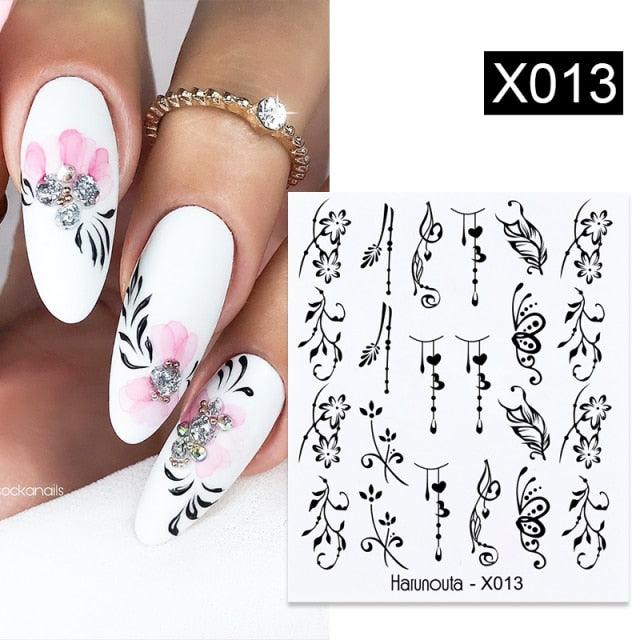 Black Lines Flower Leaves Water Decals Stickers Floral Face Marble Pattern Slider For Nails Summer Nail Art Decoration Summer Stickers on Nails Simple Summer Slider for Manicure Nail Art Watermark Manicure Decor