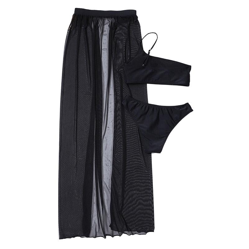 Black Mesh Bikini Cover Up Set Women Bathing Outfits Adults Solid Color One Shoulder Bikini Top  Mesh See Through Crochet Off Shoulder Crop Tops 2 Piece Bikini Swimsuit Cover-ups Beach Summer Outfits