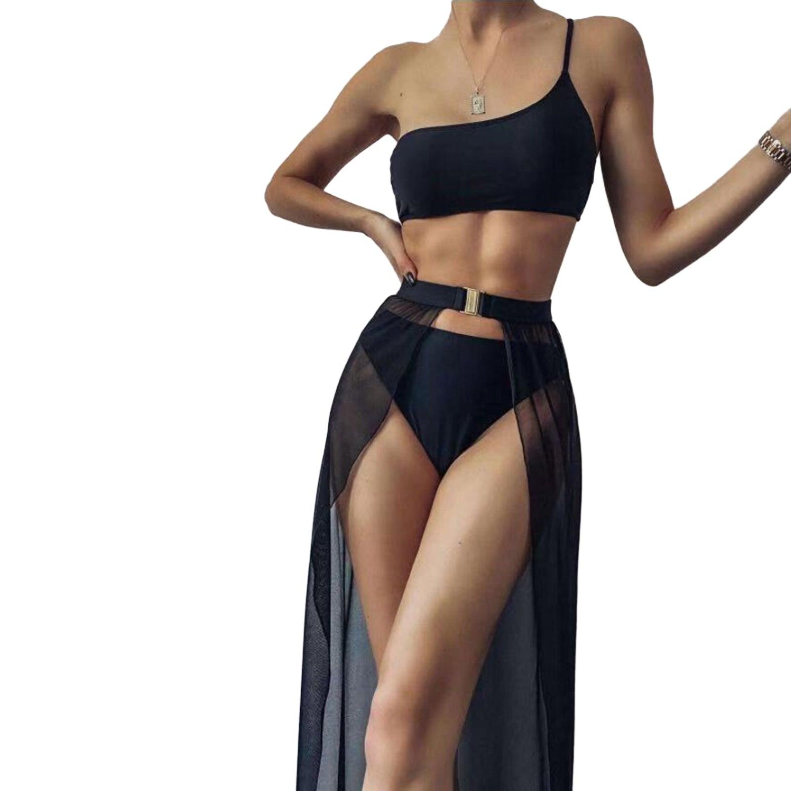 Black Mesh Bikini Cover Up Set Women Bathing Outfits Adults Solid Color One Shoulder Bikini Top  Mesh See Through Crochet Off Shoulder Crop Tops 2 Piece Bikini Swimsuit Cover-ups Beach Summer Outfits