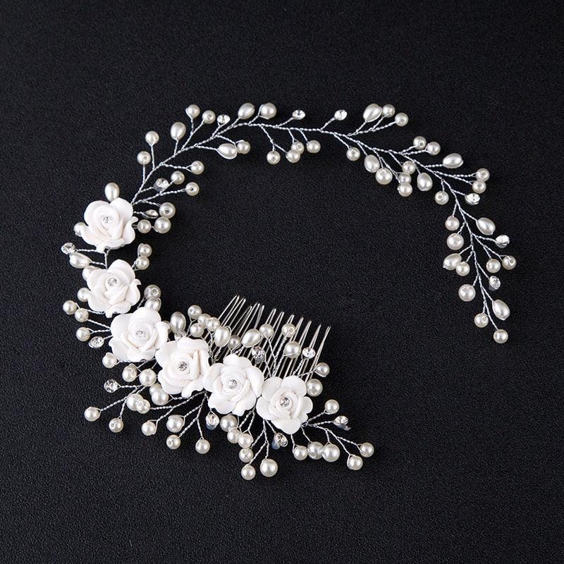 Bridal Wedding Crystal Bride Hair Accessories Pearl Flower Headband Handmade Hairband Beads Decoration Hair Comb Gorgeous Hair Accessories For Women