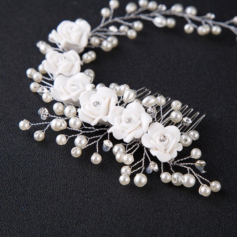Bridal Wedding Crystal Bride Hair Accessories Pearl Flower Headband Handmade Hairband Beads Decoration Hair Comb Gorgeous Hair Accessories For Women