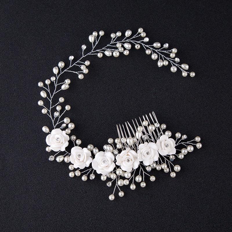 Bridal Wedding Crystal Bride Hair Accessories Pearl Flower Headband Handmade Hairband Beads Decoration Hair Comb Gorgeous Hair Accessories For Women