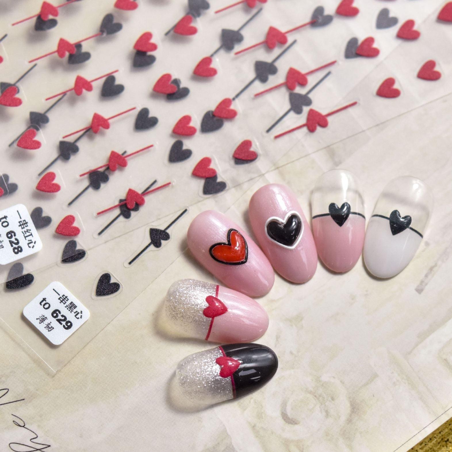 Bubble Cute Black Red Hearts Nail Stickers Nail Art Decorations Nail Decals Design Self-Adhesive 3D Wave Design Decoration for Women Girls Adhesive Striping Tape Nail Art Stickers