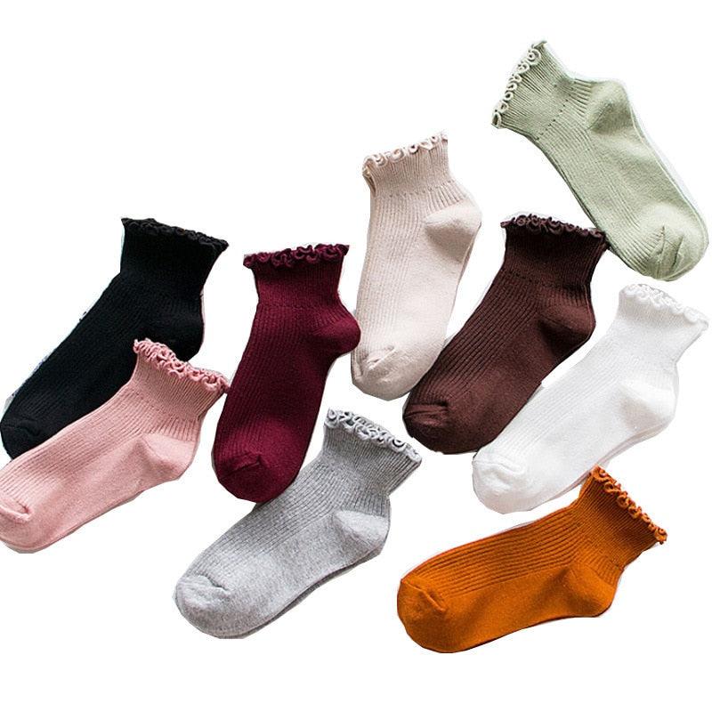 Candy High Quality Lace Solid Color Cute Sweet Girl Fashion Socks Pure Cotton Wood Ear Light Mouth Cotton Novelty Socks Unisex Crew Socks For Men And Women