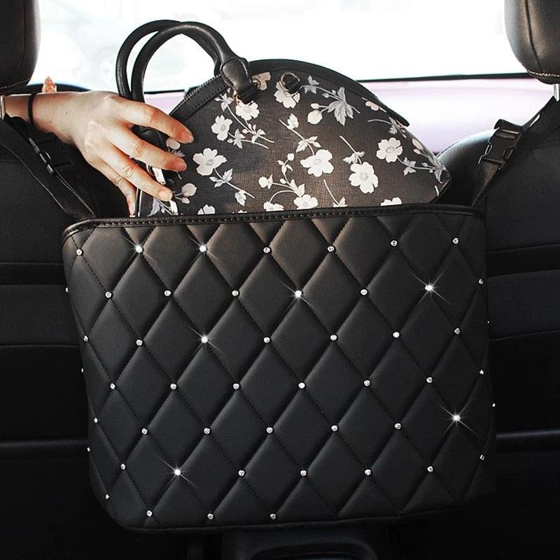 Car Large Capacity Storage Pocket Seat Crevice Net Handbag Holder Luxury Leather Seat Back Organizer Mesh  Bag Automotive Goods Leather Seat Organizer Mesh Large Capacity Bag for Car Seat Storage and Net Hanging Storage Bag