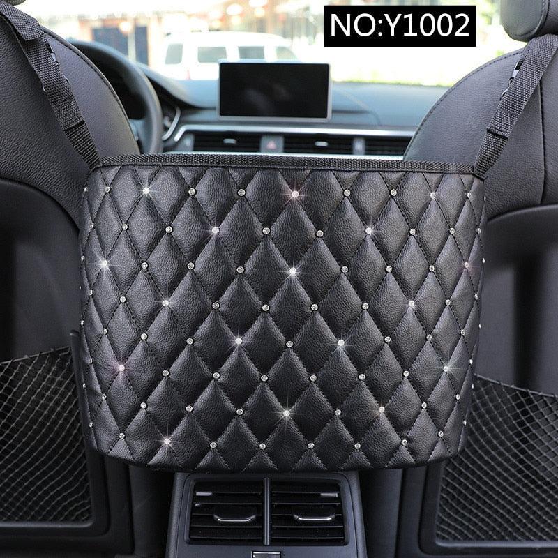 Car Large Capacity Storage Pocket Seat Crevice Net Handbag Holder Luxury Leather Seat Back Organizer Mesh  Bag Automotive Goods Leather Seat Organizer Mesh Large Capacity Bag for Car Seat Storage and Net Hanging Storage Bag