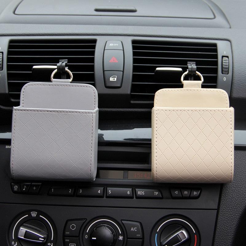 Car Storage Bag Air Vent Dashboard Tidy Hanging Leather Organizer Box Glasses Phone Holder Storage Organizer Car Accessories PU Leather Pouch Holder Mobile Phone Hanging Organizer Container