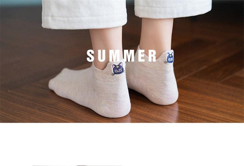 Cartoon Anime Embroidered Boat Socks Ins Trend Moon Cute Sweet Cat Socks Slippers Happy Funny Cotton Girl Socks Cute Short Boat Socks For Men And Women