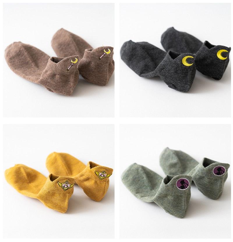 Cartoon Anime Embroidered Boat Socks Ins Trend Moon Cute Sweet Cat Socks Slippers Happy Funny Cotton Girl Socks Cute Short Boat Socks For Men And Women