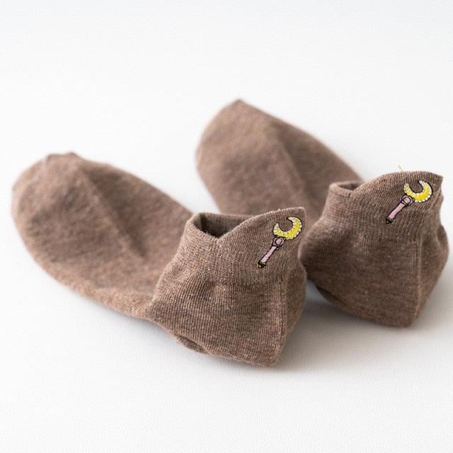 Cartoon Anime Embroidered Boat Socks Ins Trend Moon Cute Sweet Cat Socks Slippers Happy Funny Cotton Girl Socks Cute Short Boat Socks For Men And Women