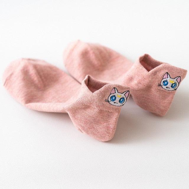 Cartoon Anime Embroidered Boat Socks Ins Trend Moon Cute Sweet Cat Socks Slippers Happy Funny Cotton Girl Socks Cute Short Boat Socks For Men And Women