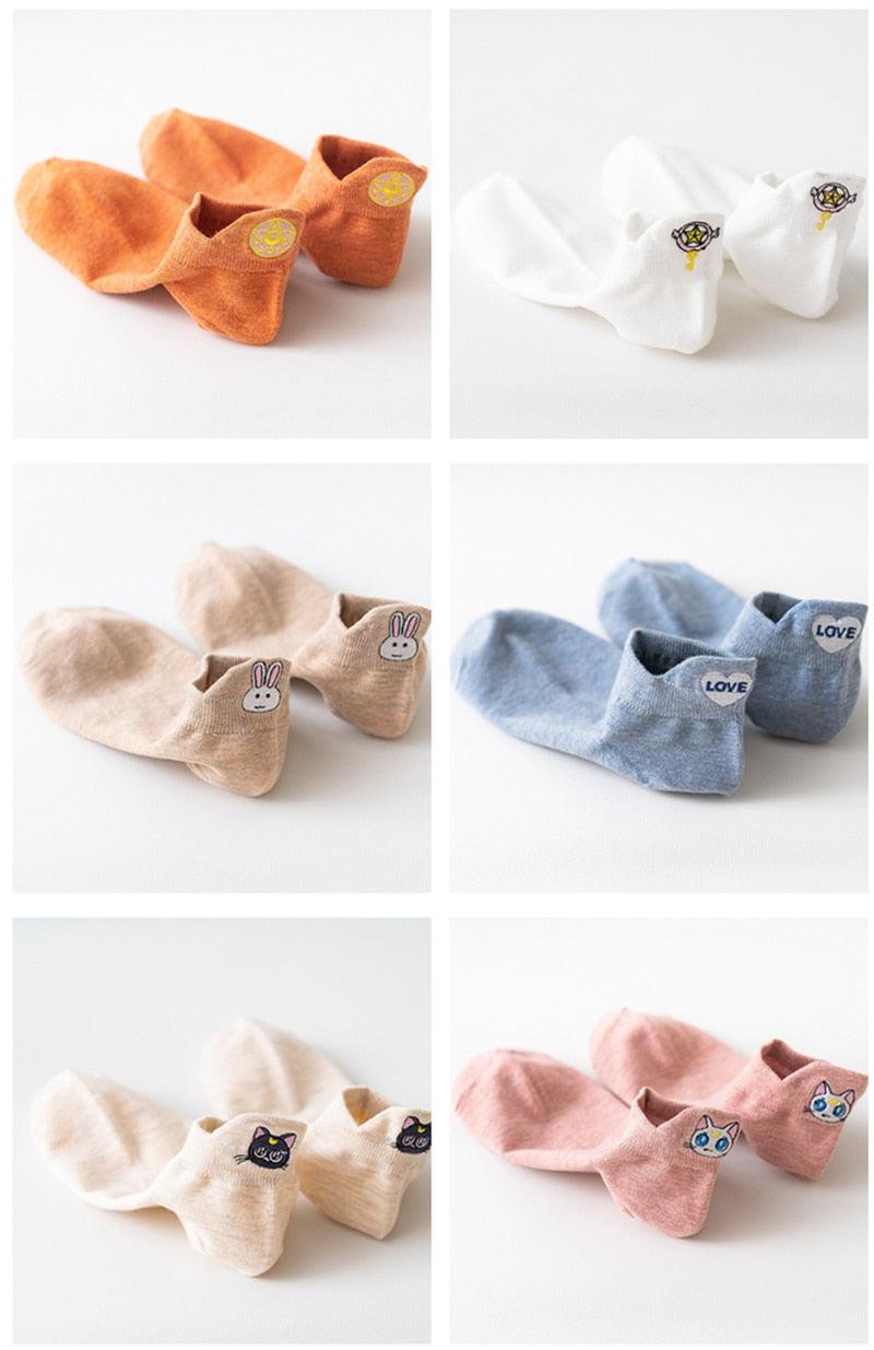 Cartoon Anime Embroidered Boat Socks Ins Trend Moon Cute Sweet Cat Socks Slippers Happy Funny Cotton Girl Socks Cute Short Boat Socks For Men And Women