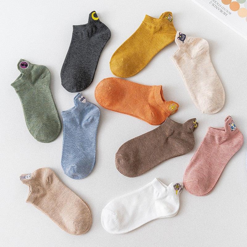 Cartoon Anime Embroidered Boat Socks Ins Trend Moon Cute Sweet Cat Socks Slippers Happy Funny Cotton Girl Socks Cute Short Boat Socks For Men And Women
