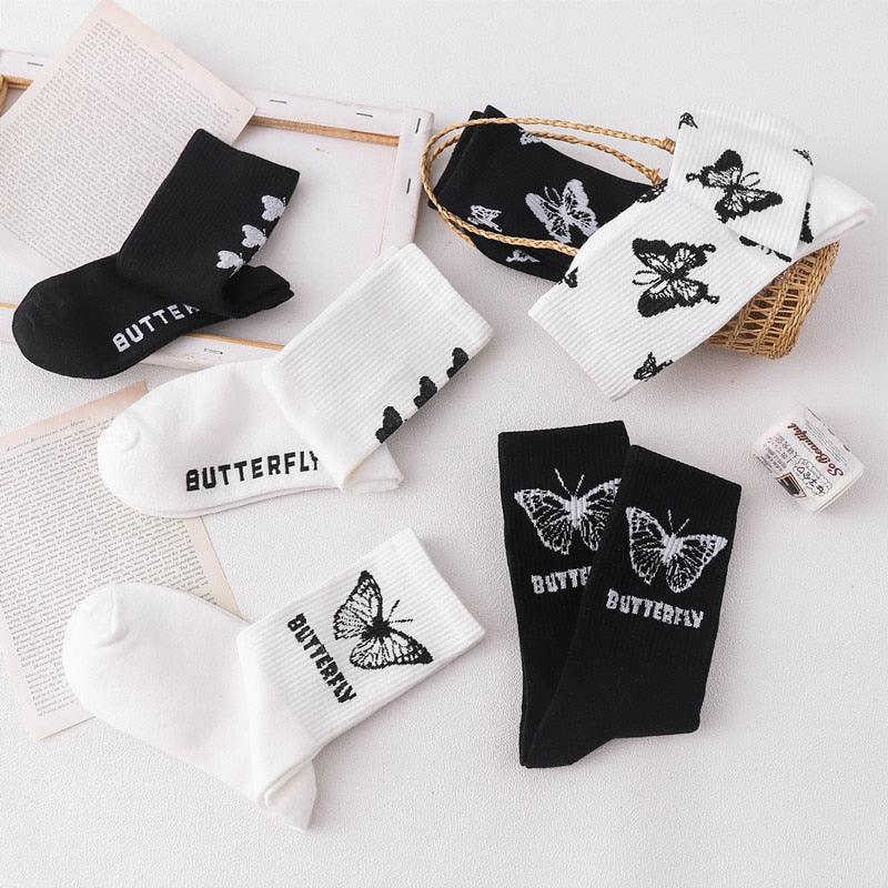 Cartoon socks cute bow print white black calcetines Women's Novelty Socks Crew Fun Funky fall fashion Casual Cotton Dress Socks - ALLURELATION - black and white socks, butterfly socks, cotton socks, cute bow print socks, funny socks, novelty socks, socks, socks for women, womens socks - Stevvex.com