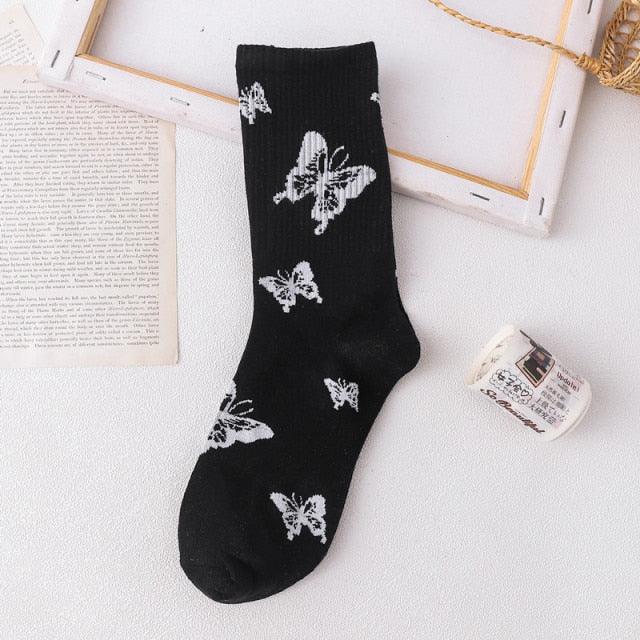Cartoon socks cute bow print white black calcetines Women's Novelty Socks Crew Fun Funky fall fashion Casual Cotton Dress Socks - ALLURELATION - black and white socks, butterfly socks, cotton socks, cute bow print socks, funny socks, novelty socks, socks, socks for women, womens socks - Stevvex.com