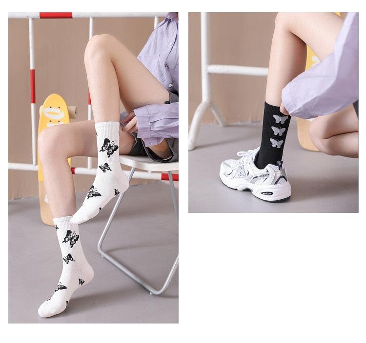 Cartoon socks cute bow print white black calcetines Women's Novelty Socks Crew Fun Funky fall fashion Casual Cotton Dress Socks - ALLURELATION - black and white socks, butterfly socks, cotton socks, cute bow print socks, funny socks, novelty socks, socks, socks for women, womens socks - Stevvex.com