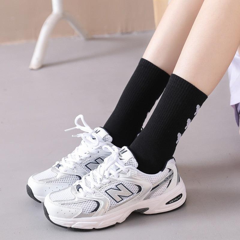Cartoon socks cute bow print white black calcetines Women's Novelty Socks Crew Fun Funky fall fashion Casual Cotton Dress Socks - ALLURELATION - black and white socks, butterfly socks, cotton socks, cute bow print socks, funny socks, novelty socks, socks, socks for women, womens socks - Stevvex.com