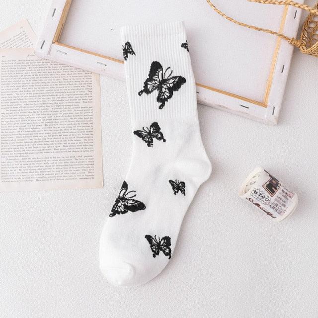 Cartoon socks cute bow print white black calcetines Women's Novelty Socks Crew Fun Funky fall fashion Casual Cotton Dress Socks - ALLURELATION - black and white socks, butterfly socks, cotton socks, cute bow print socks, funny socks, novelty socks, socks, socks for women, womens socks - Stevvex.com