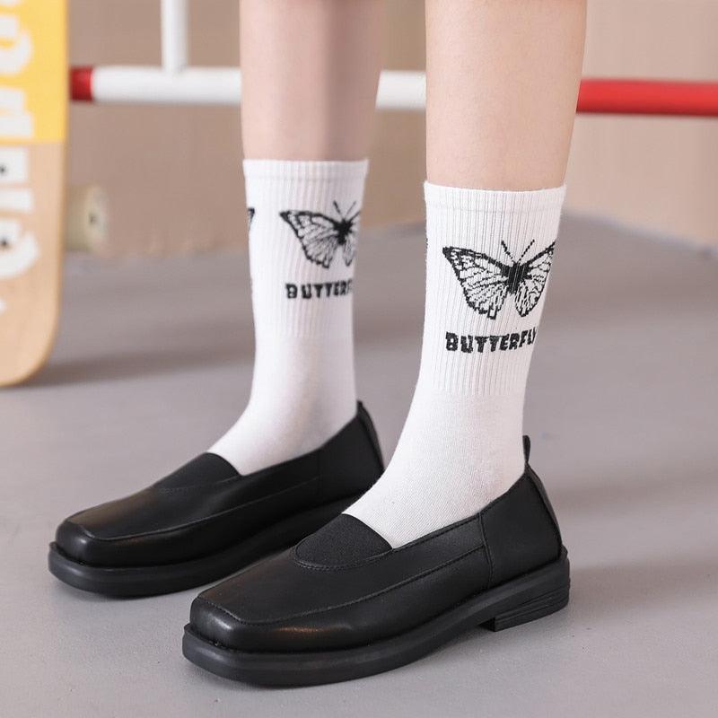 Cartoon socks cute bow print white black calcetines Women's Novelty Socks Crew Fun Funky fall fashion Casual Cotton Dress Socks - ALLURELATION - black and white socks, butterfly socks, cotton socks, cute bow print socks, funny socks, novelty socks, socks, socks for women, womens socks - Stevvex.com