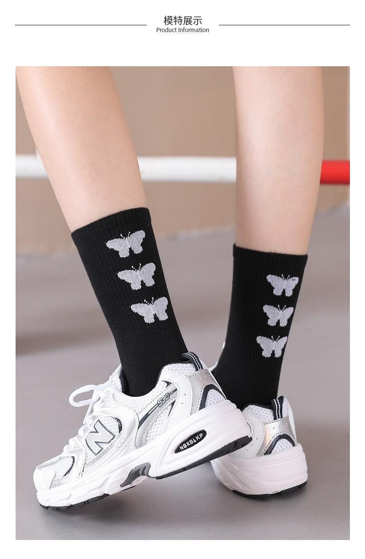 Cartoon socks cute bow print white black calcetines Women's Novelty Socks Crew Fun Funky fall fashion Casual Cotton Dress Socks - ALLURELATION - black and white socks, butterfly socks, cotton socks, cute bow print socks, funny socks, novelty socks, socks, socks for women, womens socks - Stevvex.com
