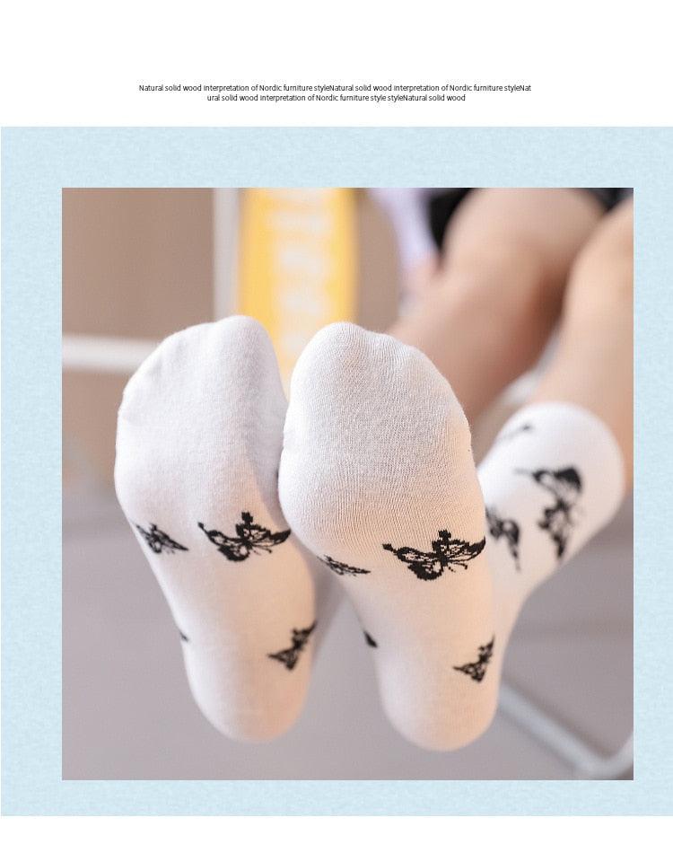 Cartoon socks cute bow print white black calcetines Women's Novelty Socks Crew Fun Funky fall fashion Casual Cotton Dress Socks - ALLURELATION - black and white socks, butterfly socks, cotton socks, cute bow print socks, funny socks, novelty socks, socks, socks for women, womens socks - Stevvex.com