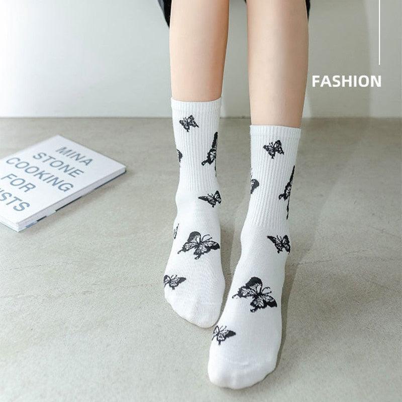 Cartoon socks cute bow print white black calcetines Women's Novelty Socks Crew Fun Funky fall fashion Casual Cotton Dress Socks - ALLURELATION - black and white socks, butterfly socks, cotton socks, cute bow print socks, funny socks, novelty socks, socks, socks for women, womens socks - Stevvex.com